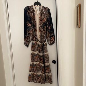 H&M Elegant Paisley Long Sleeve Dress - Navy, Brown, Cream